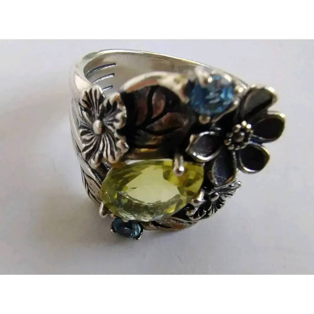 OR PAZ STERLING 925 FLORAL LEMON QUARTZ & BLUE TOPAZ GEMSTONE RING Sz 9.25